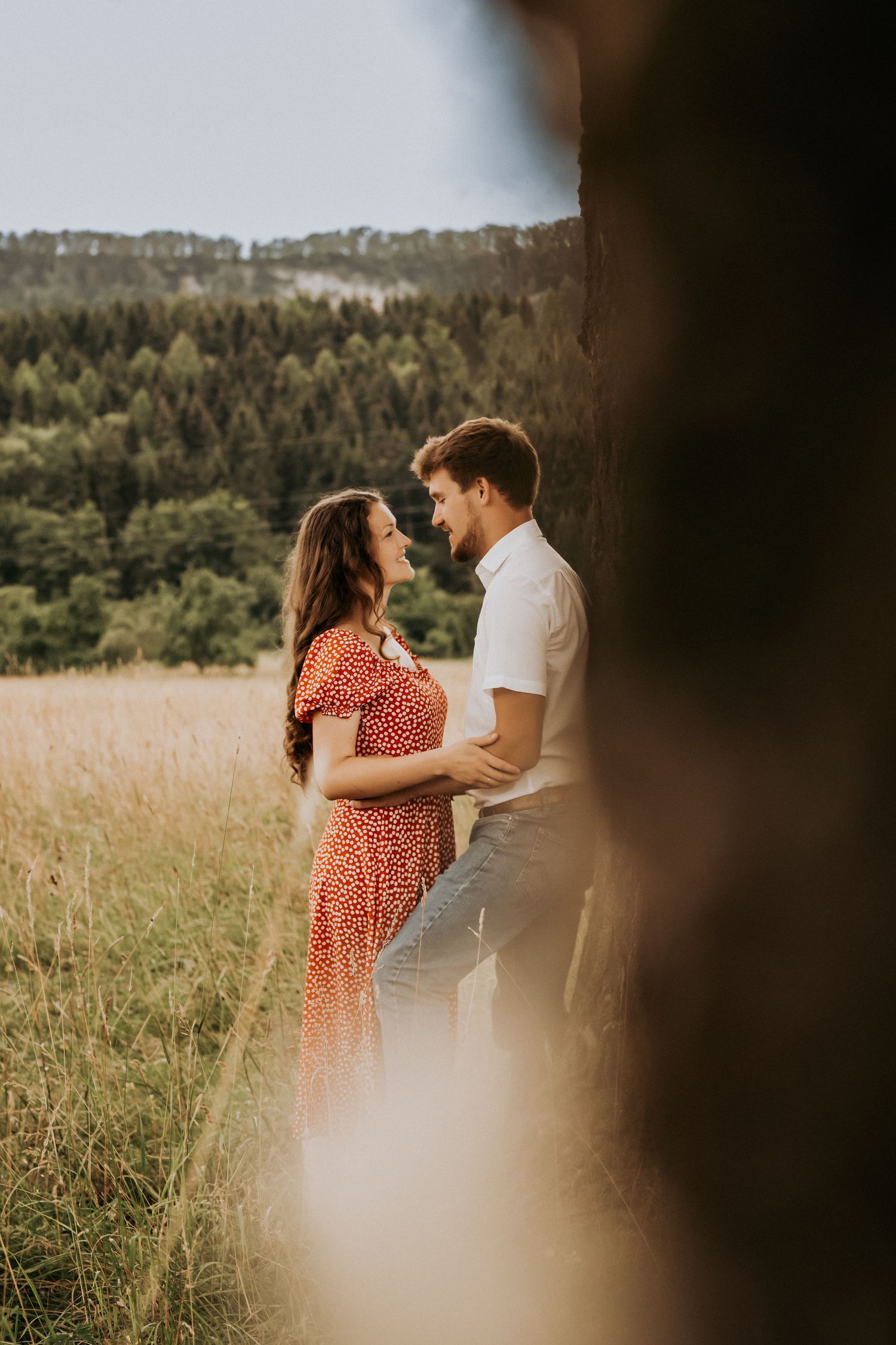 A couple embraces in a golden field at sunset with mountains and forest in the background.