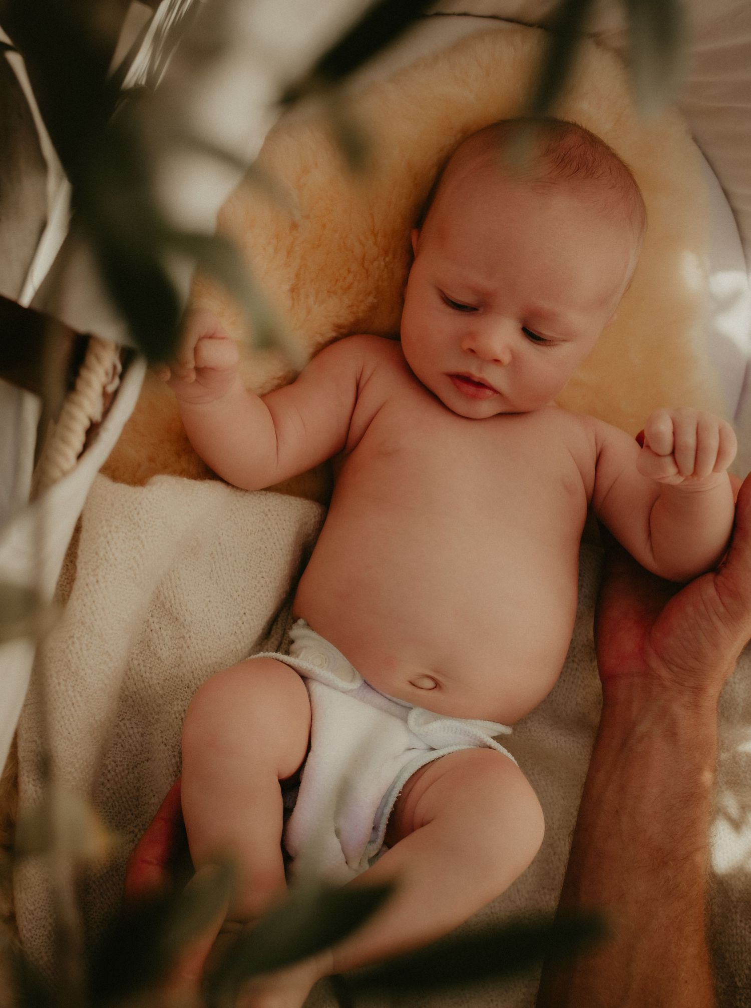 Tender newborn photography series showing close-up details of a sleeping baby in soft natural light.