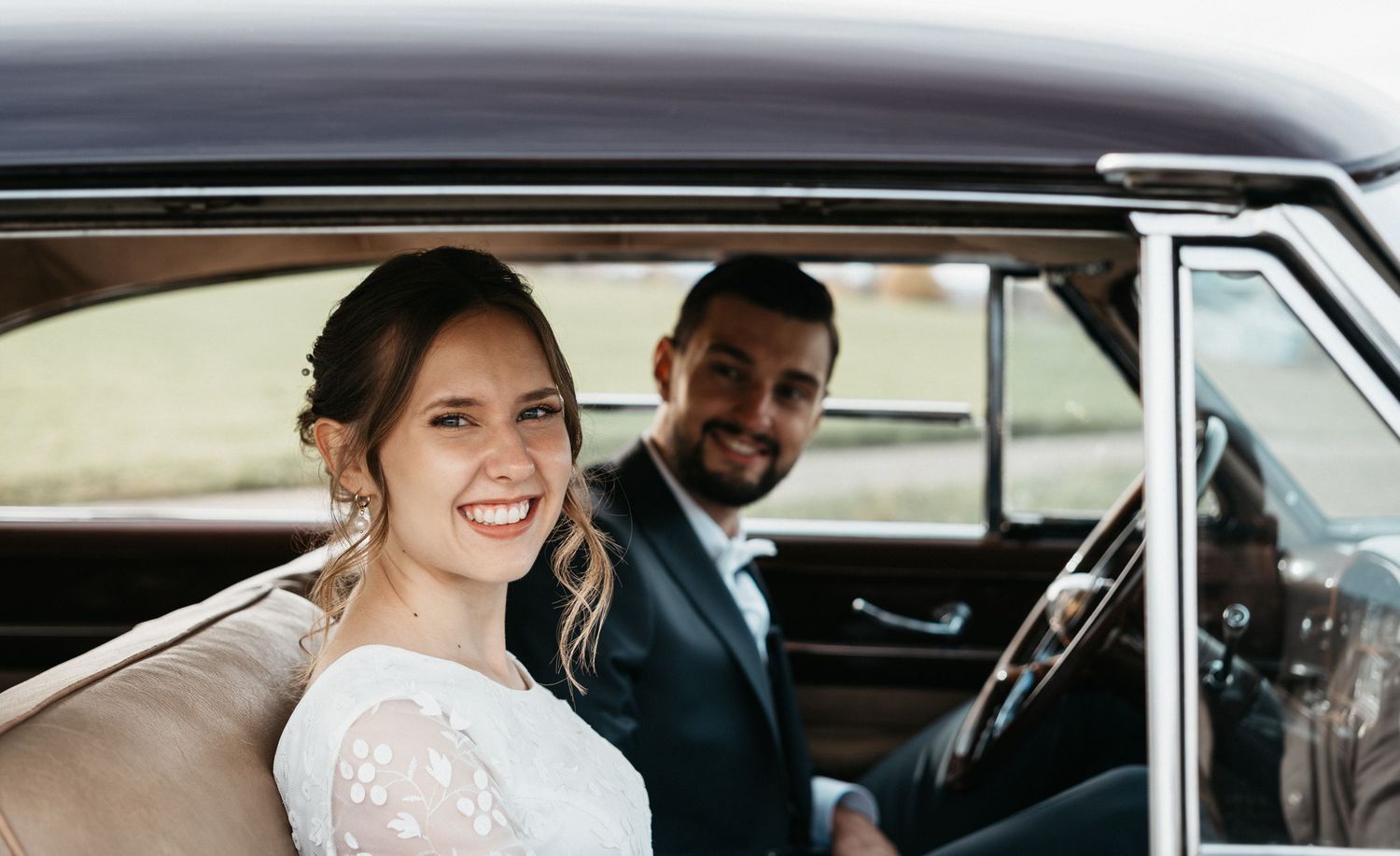 A collection of wedding photos showing candid moments of a couple in a car on their special day.