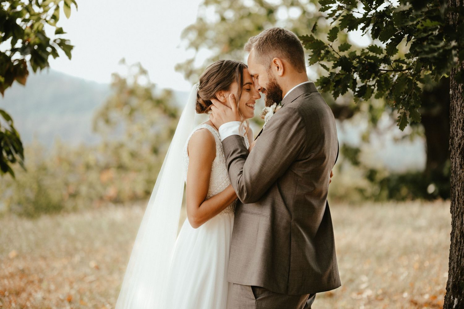 Bride and groom sharing a romantic moment under a tree, dressed in wedding attire, with scenic mountains in the background.