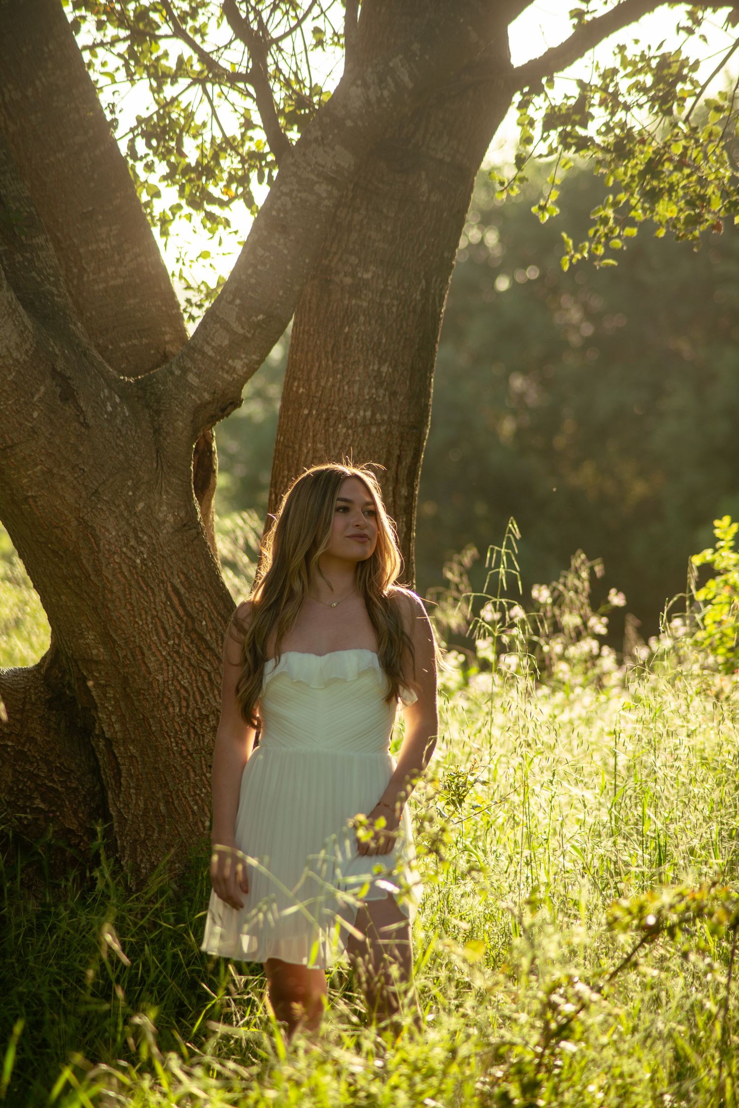 A person in a white dress poses among trees in a sunlit meadow with wildflowers.