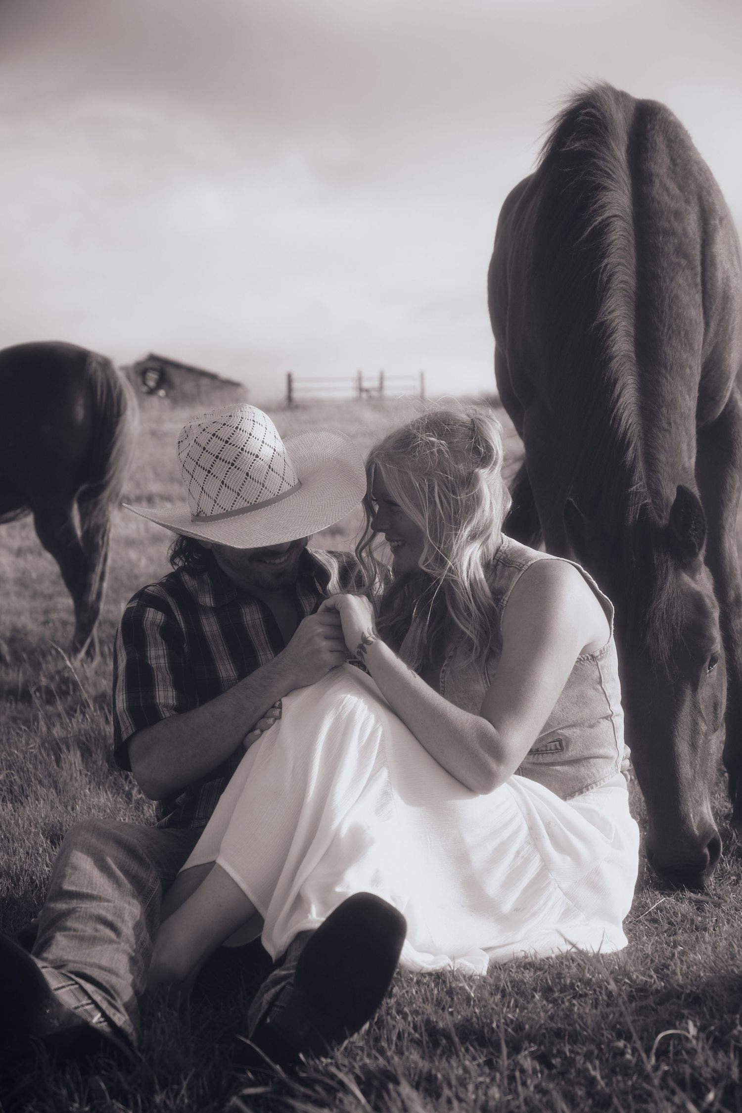 Black and white photo of a couple sitting in a field with horses grazing nearby, evoking a romantic rustic countryside scene.