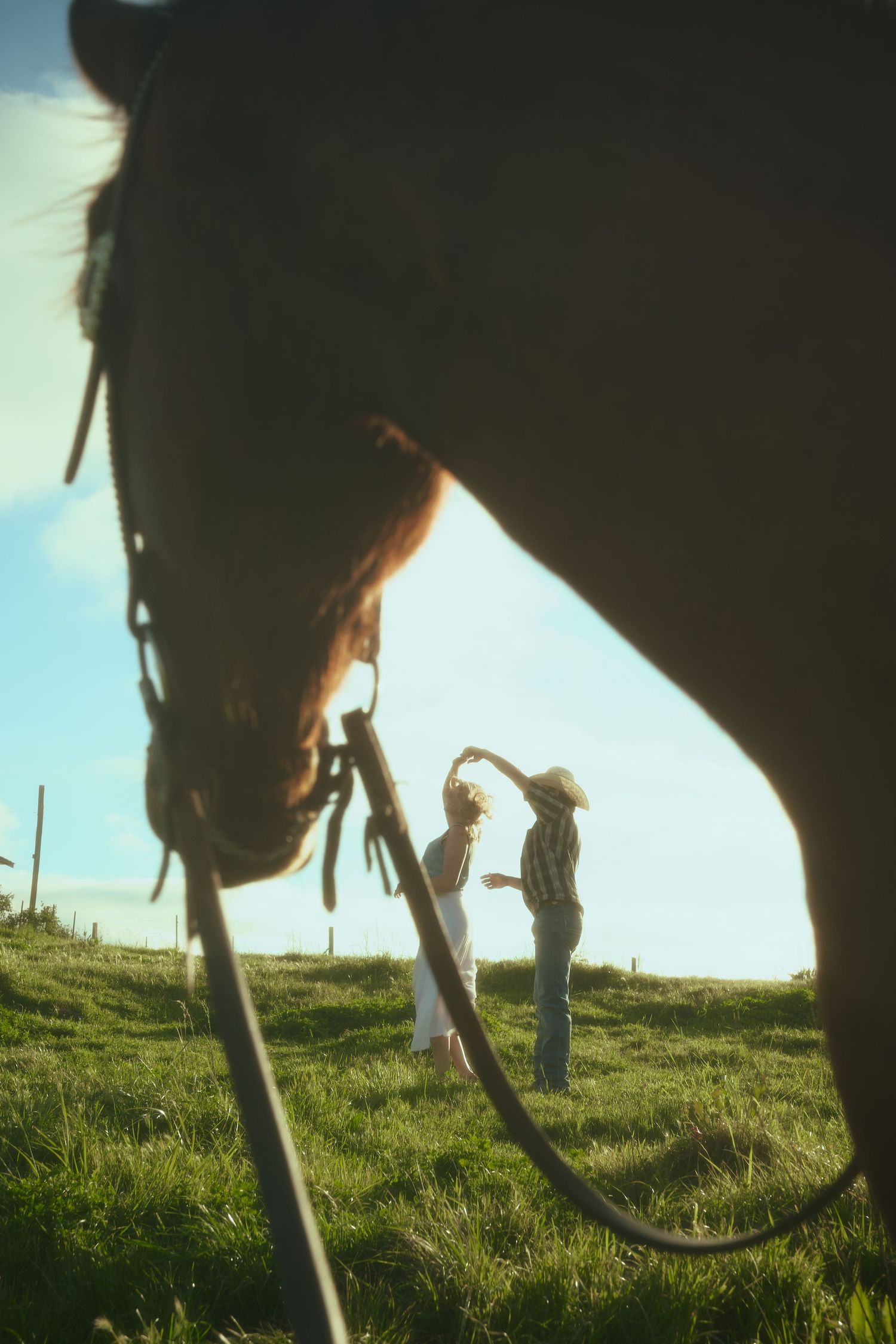 A horse in the foreground frames two people dancing on a sunny green hillside in this rustic countryside scene.