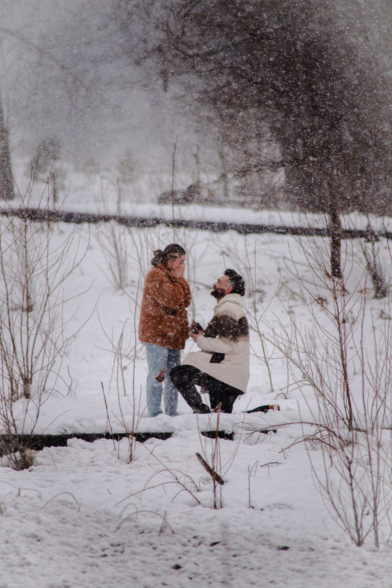 A romantic proposal scene unfolds in a snowy winter landscape with falling snowflakes.