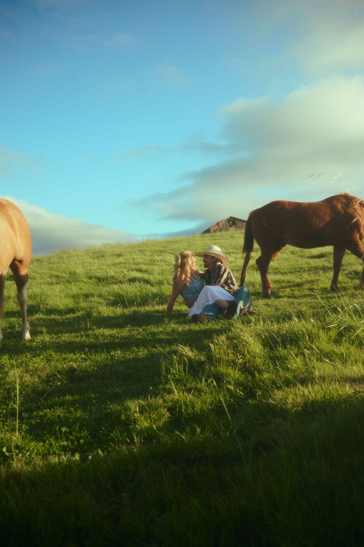Two people sitting on lush green hillside pasture with grazing horses under a blue sky.