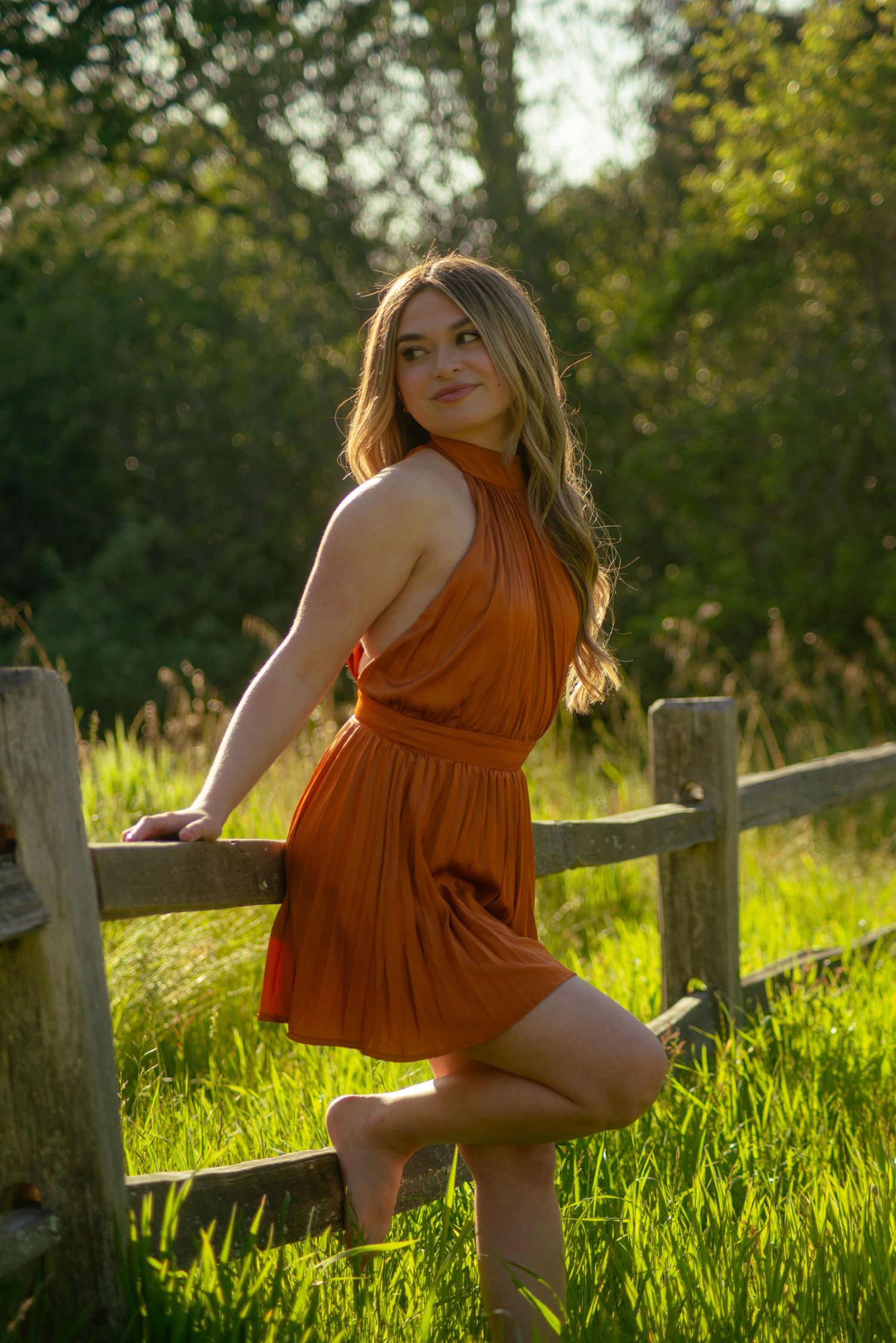 Someone in a rust-colored dress strikes dynamic poses along a rustic wooden fence.