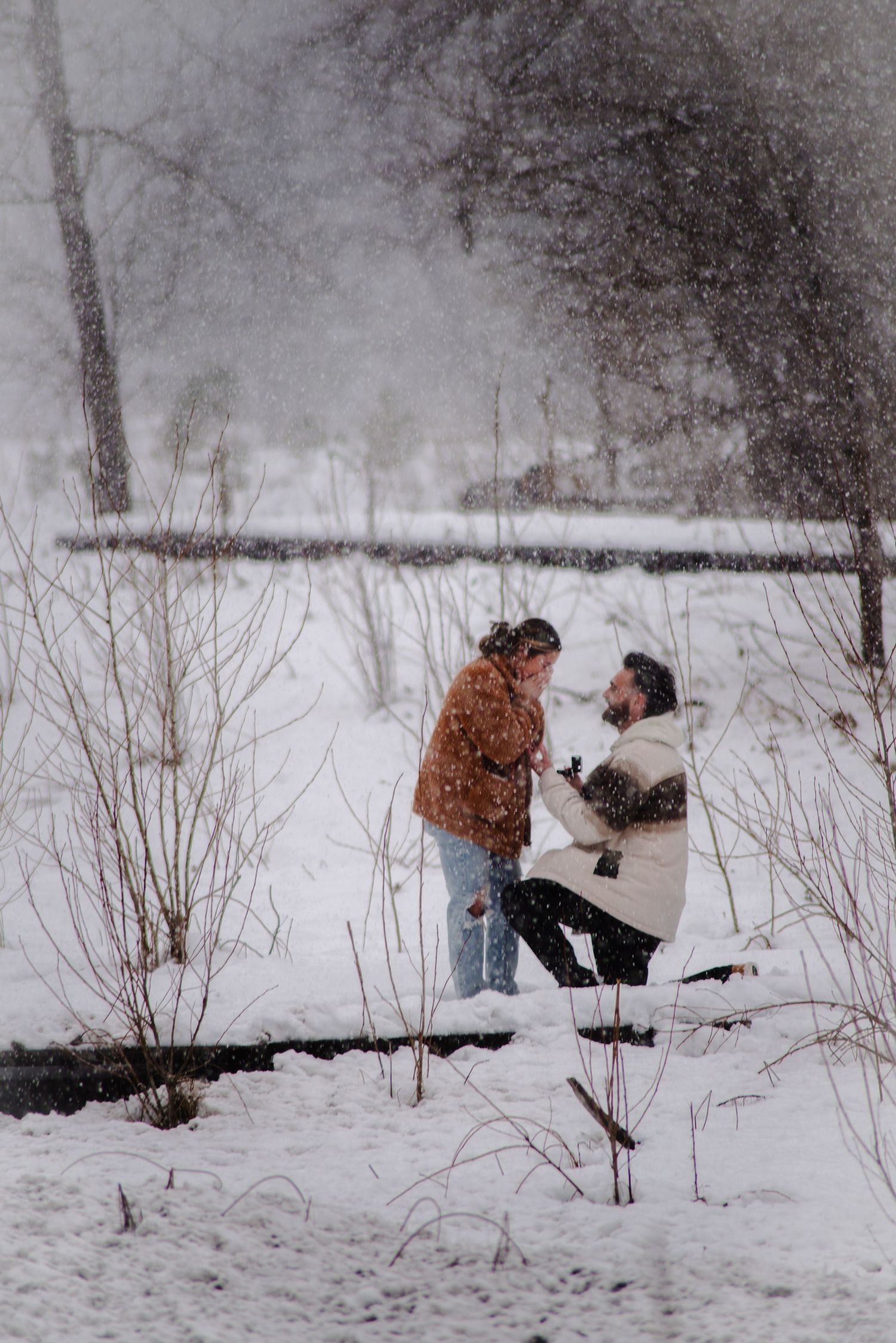 A romantic proposal scene unfolding in a snowy winter landscape.