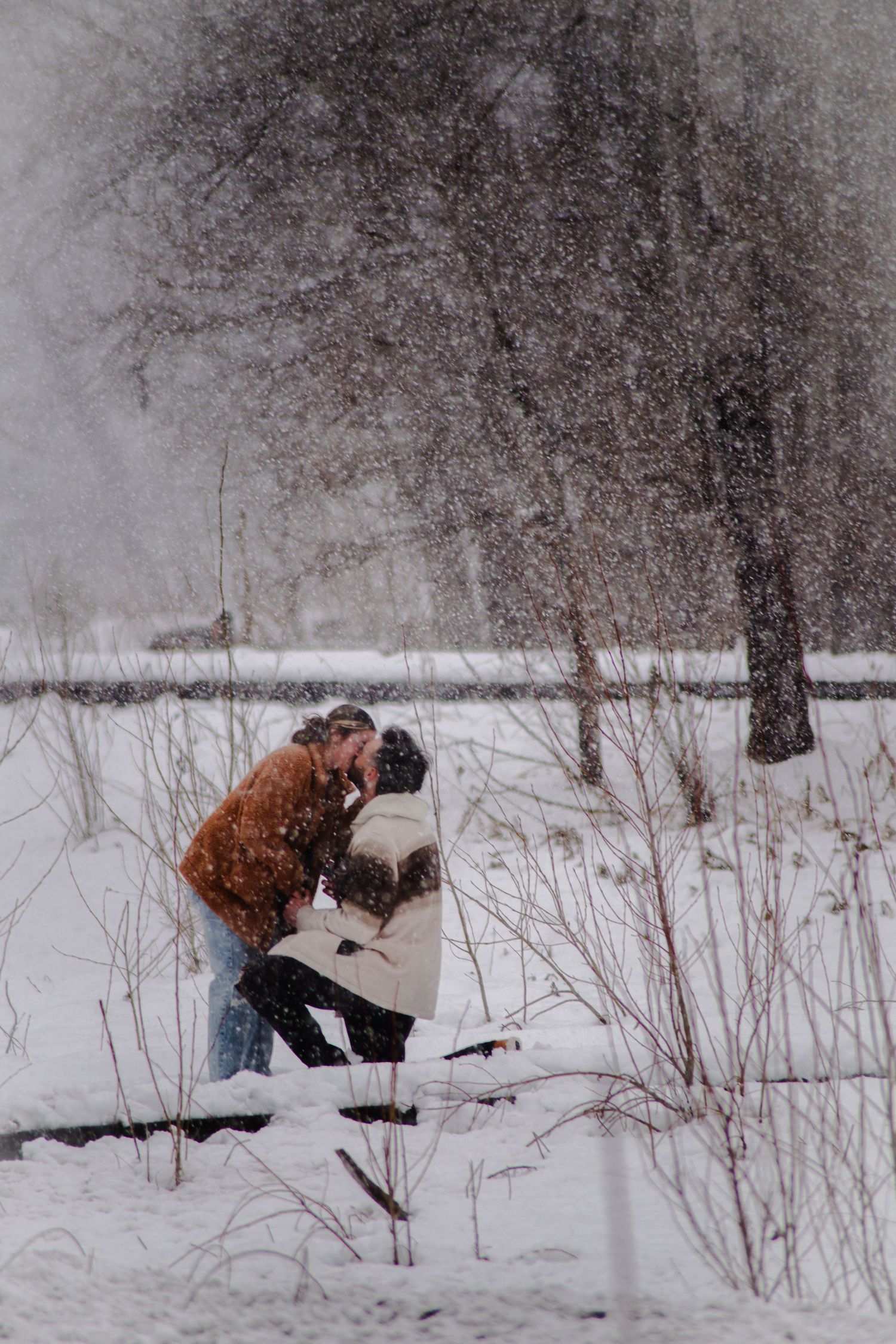 A winter proposal captured in sequence during gentle snowfall.
