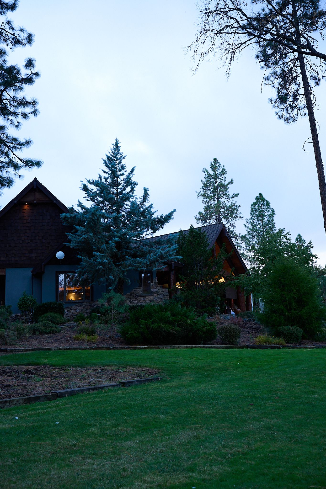 Rustic lodge-style home surrounded by tall pine trees on a lush green lawn at dusk with warm interior lights glowing.