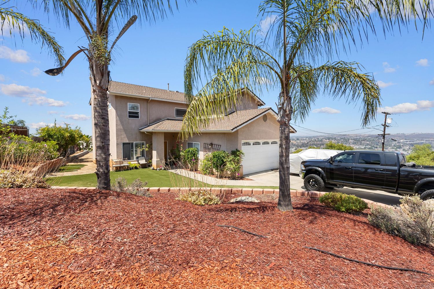 Palm tree landscaped front yard with decorative red mulch and desert plants.