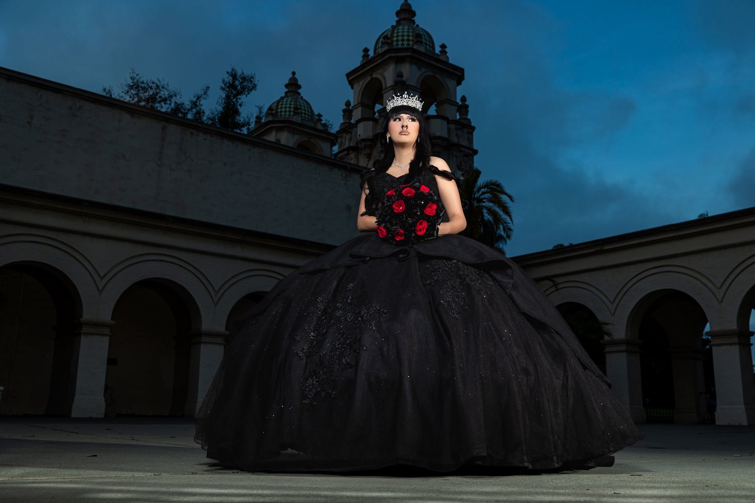 A dramatic black ball gown illuminated against a dark architectural backdrop with arches and towers.