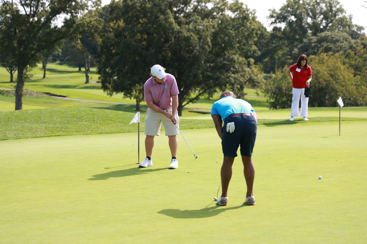 Two golfers putting on a lush green golf course surrounded by trees on a sunny day.