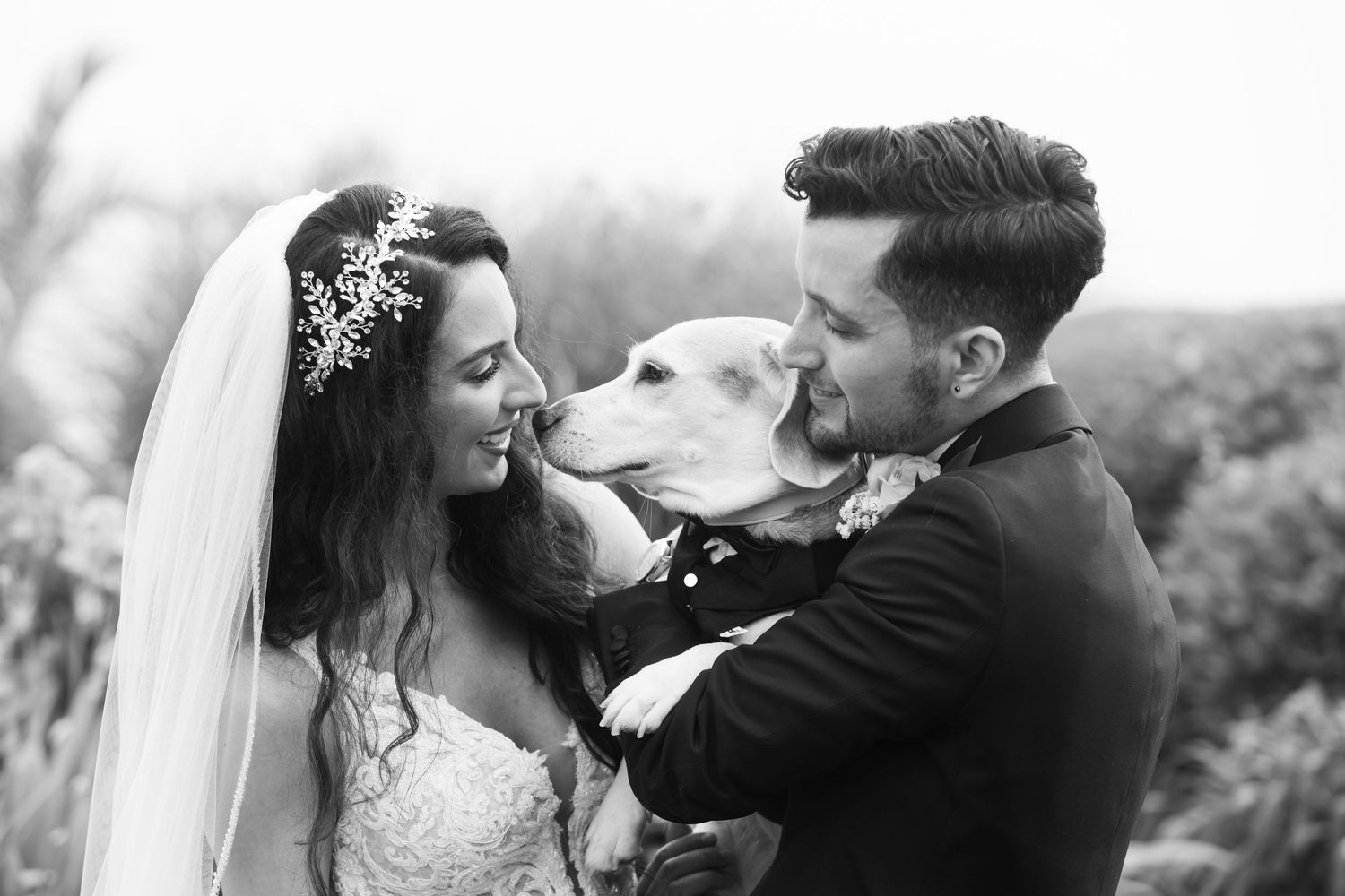 A joyful wedding photo featuring a couple and their beloved dog in an outdoor setting.