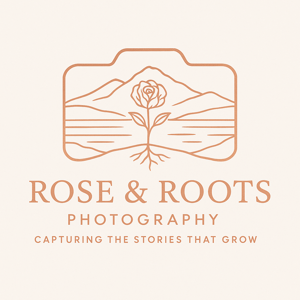 Rose and Roots Photography logo designs showing elegant floral motifs in coral pink.