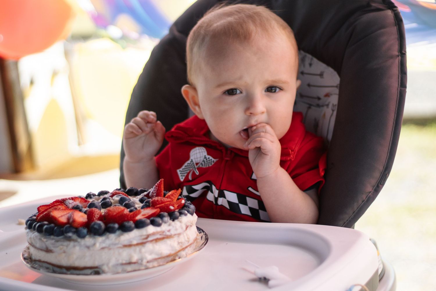 Row of images showing a baby sitting at table with dessert and celebration decorations.