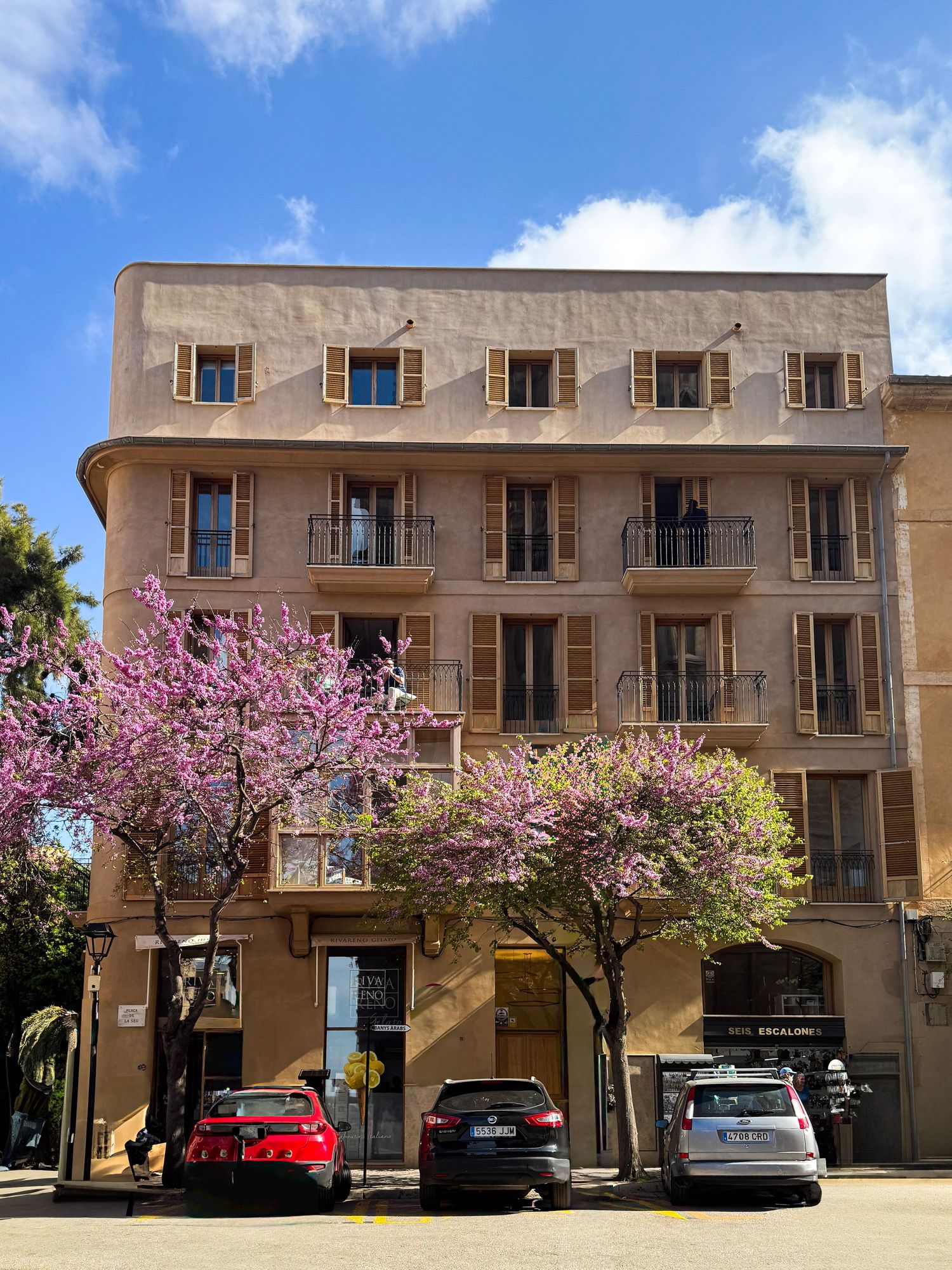 A series of tan Art Deco buildings with pink blossoming cherry trees along the front on a sunny day.