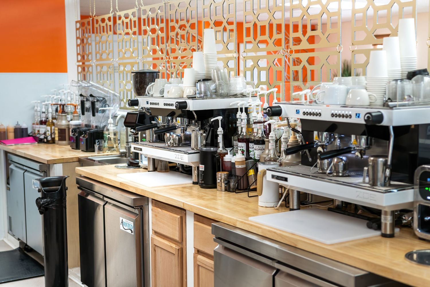 High-quality photo of coffee equipment and espresso machines inside a Pahrump Nevada café by Oasis Digital.