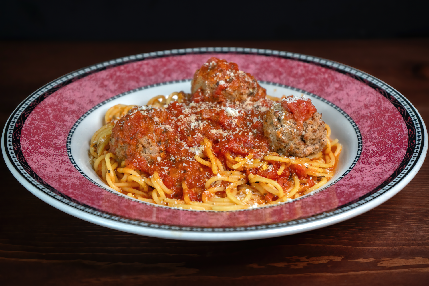 Professional food photography of a bowl of spaghetti and meatballs for a Pahrump Nevada restaurant menu by Oasis Digital.