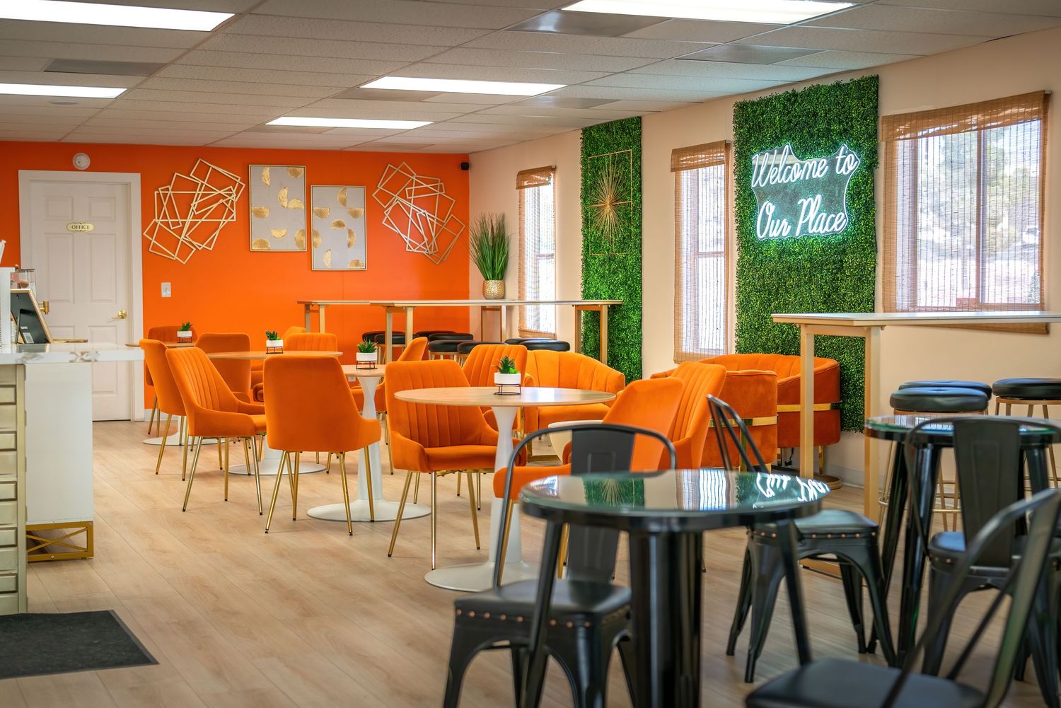 Professional commercial photography of a cozy Pahrump Nevada coffee shop interior by Oasis Digital.