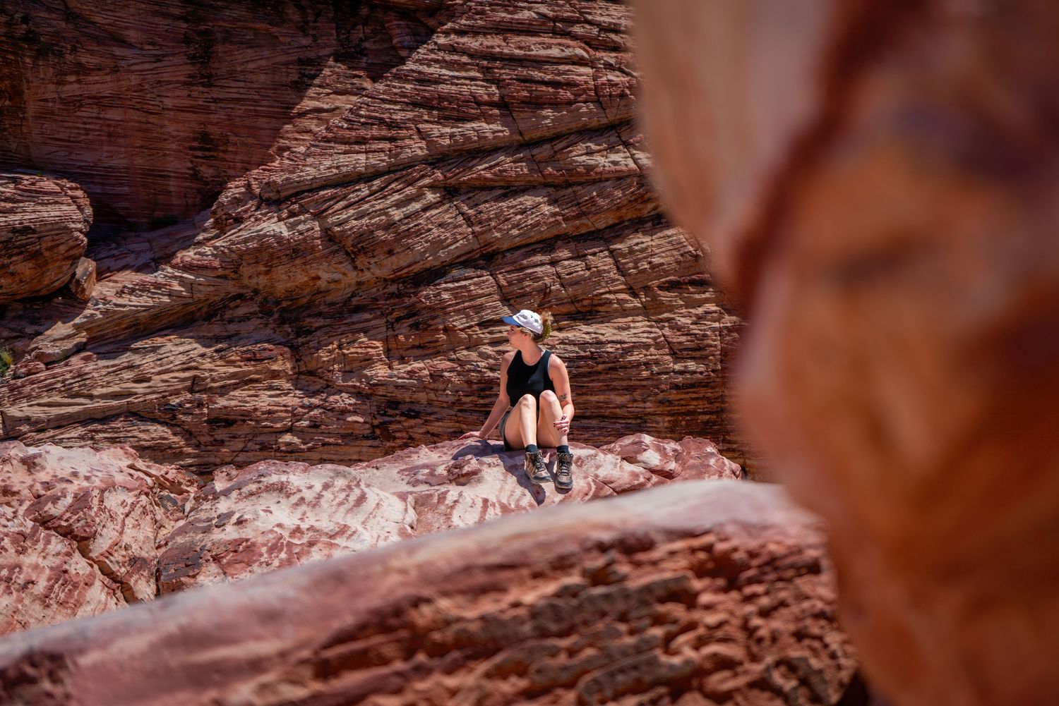 High-quality photo of hikers exploring Red Rock Canyon’s stunning desert landscape by Oasis Digital.