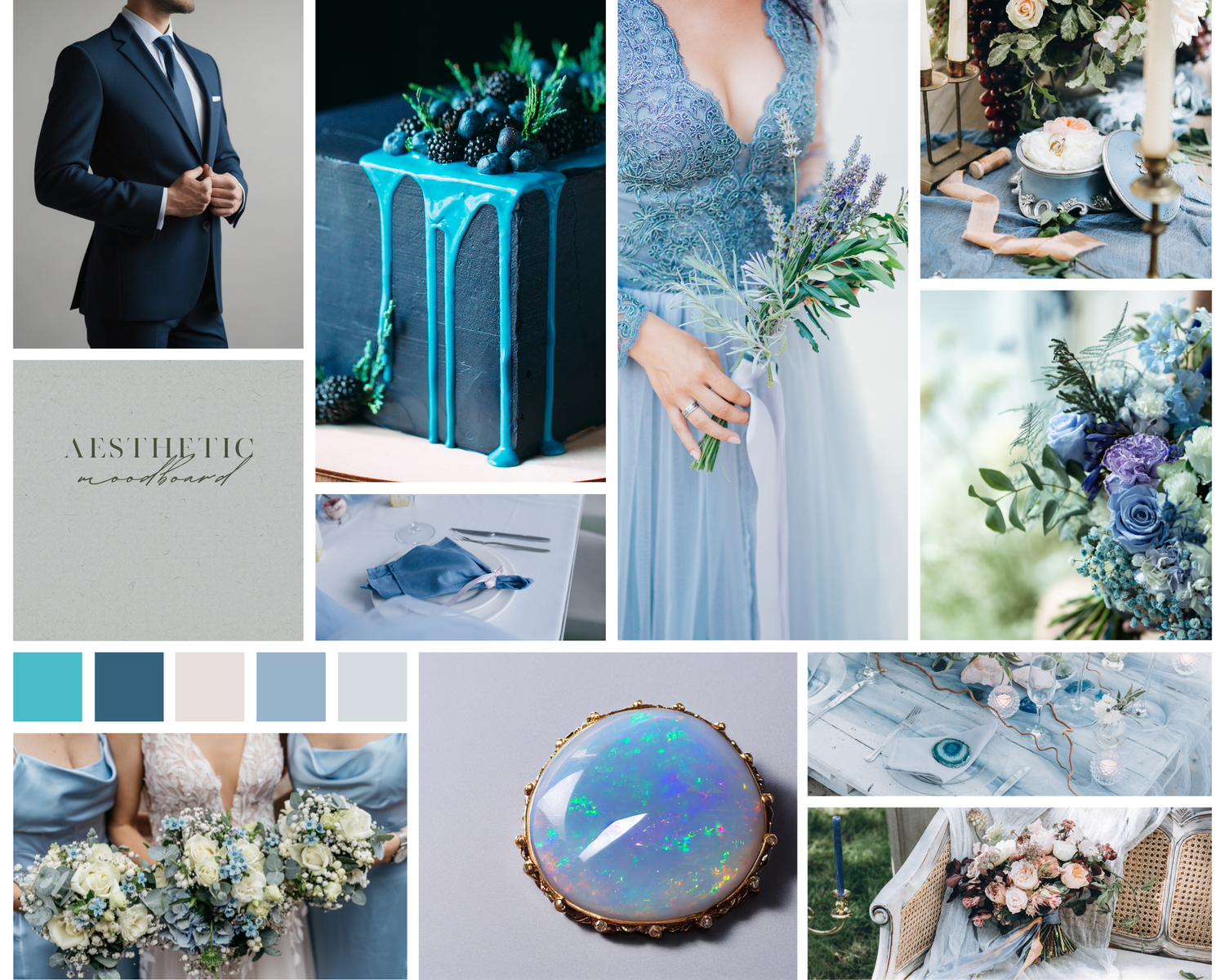 Blue and teal wedding mood board featuring dusty blue gown, floral bouquets, and elegant decor.
