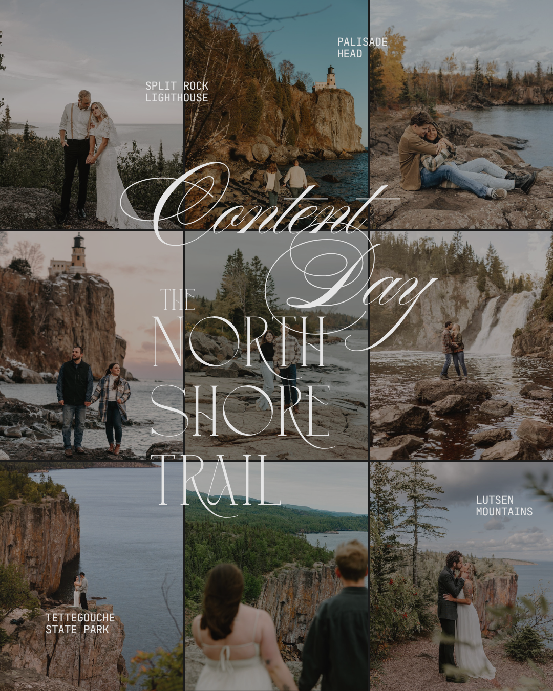 Couples pose along the North Shore Trail at Split Rock Lighthouse, Palisade Head, Tettegouche State Park, and Lutsen Mountains.