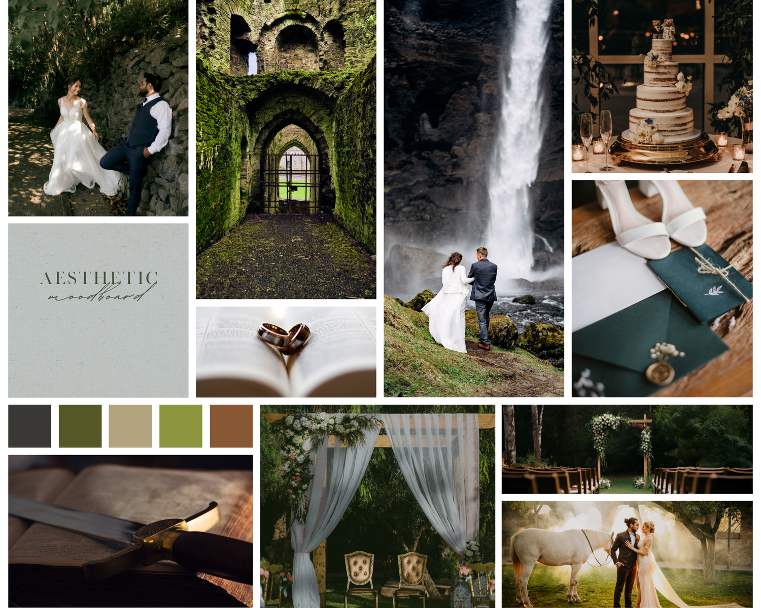 Aesthetic woodland wedding moodboard featuring forest ceremonies, waterfall backdrops, earthy tones, and elegant rustic decor.