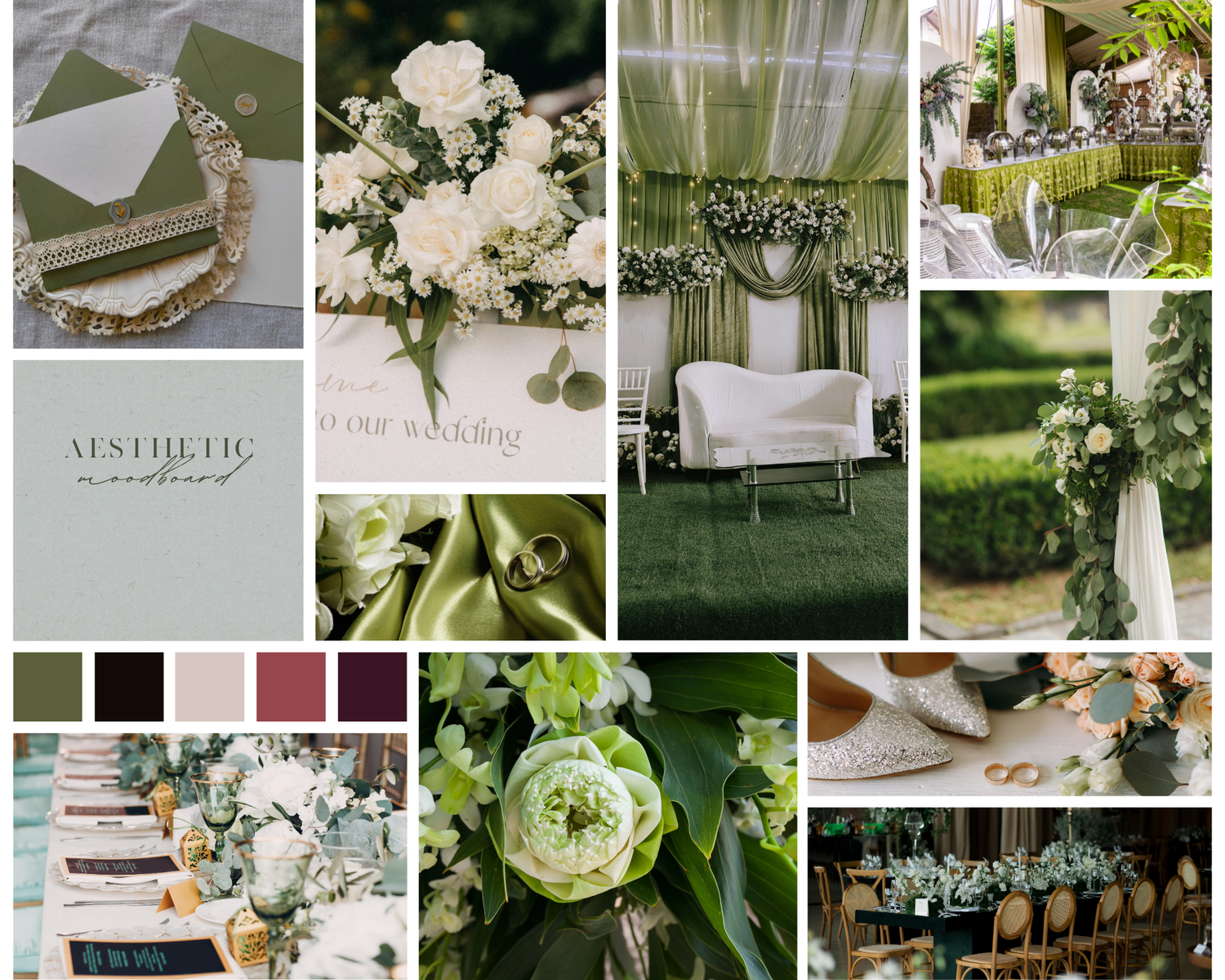 Sage green and white wedding mood board featuring floral arrangements, table settings, and decor.