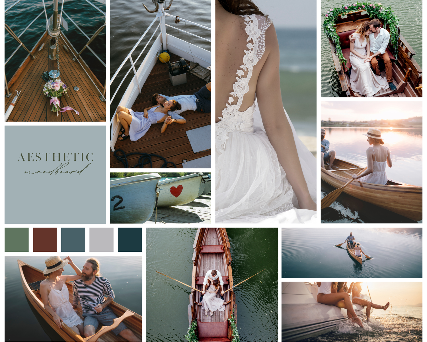 Romantic nautical wedding mood board with dusty blue tones, wooden boats, and serene waterside imagery.