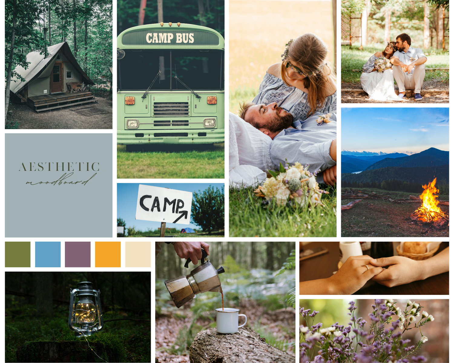 Camping aesthetic mood board with cabin, camp bus, couples, bonfire, and nature photography.