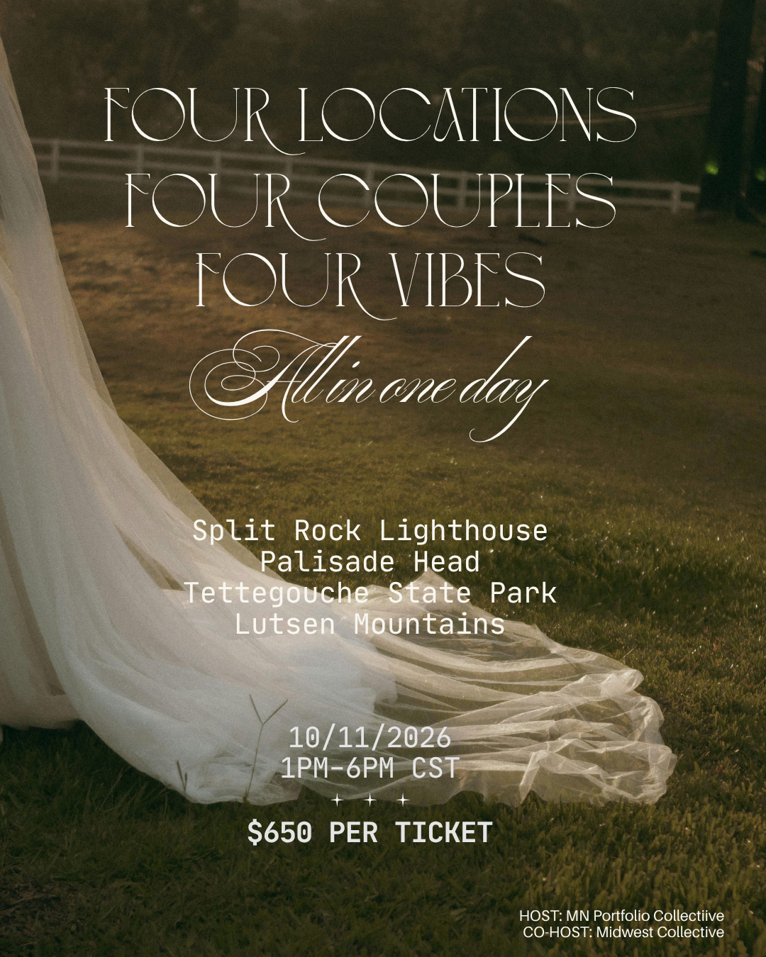 Wedding photography event flyer featuring a bride's gown on grass, promoting four locations in Minnesota on 10/11/2026 for $650.