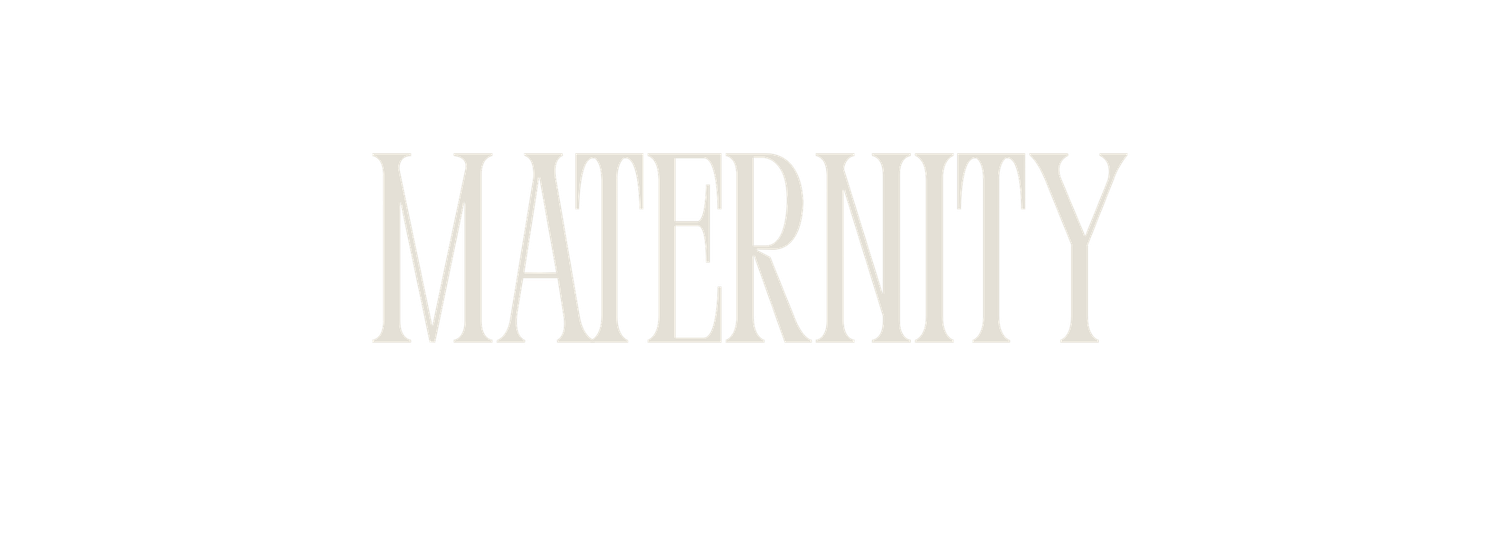 Elegant maternity text in light beige color on white background with minimalist typography design.
