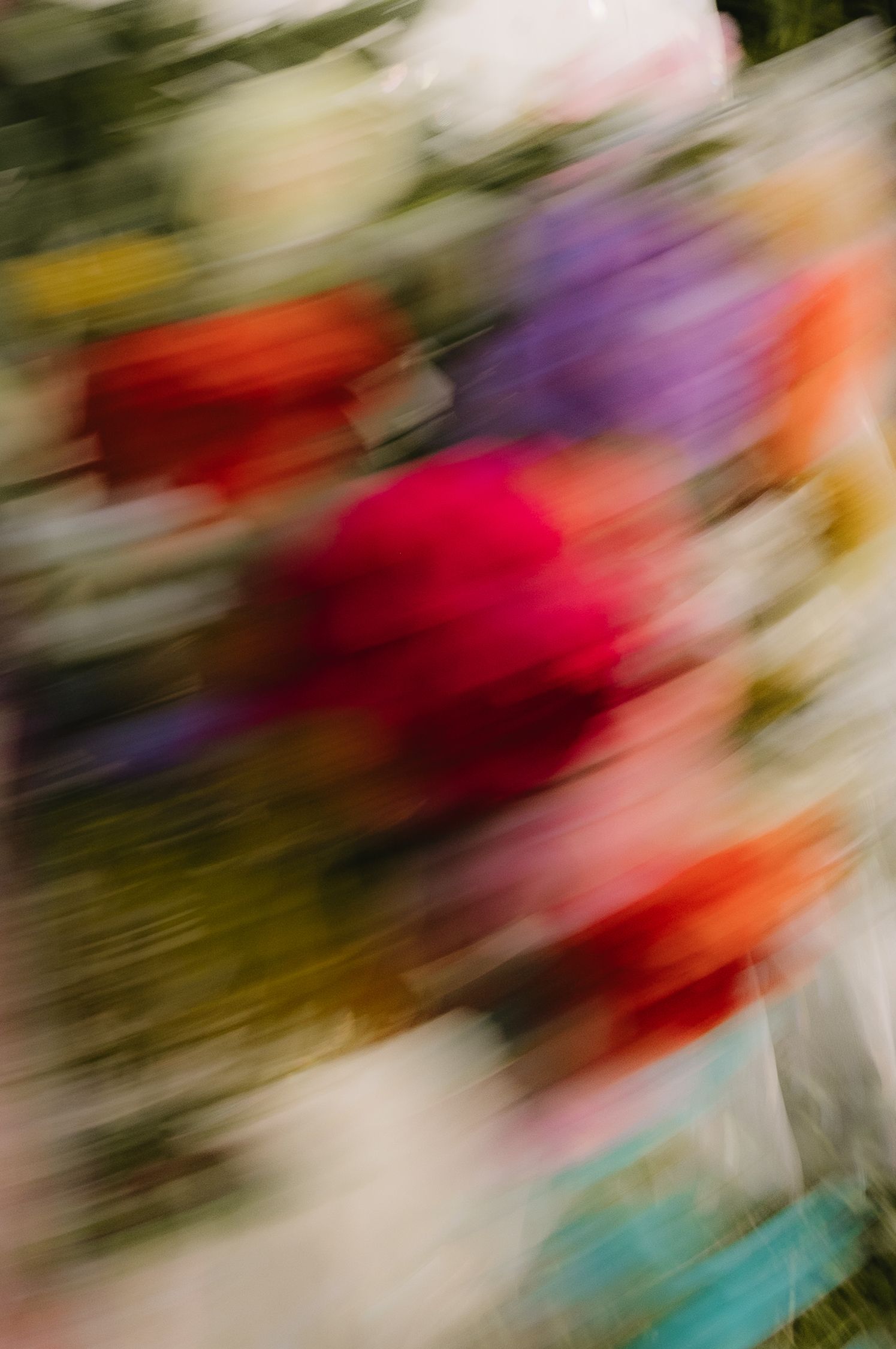 Blurred motion photograph of colorful flowers including red, purple, and orange blooms with a dreamy, abstract effect.