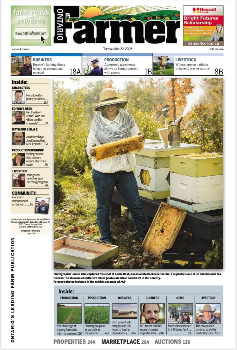 farmers magazine featuring Leslie Best beekeeper, Erin Ontario, James Glac Photography