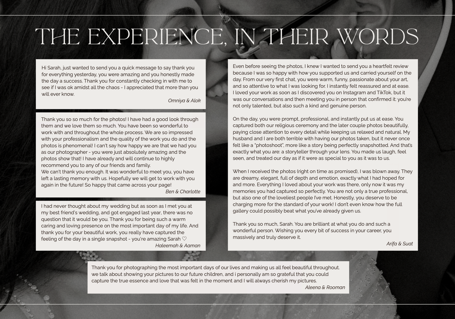 Black and white wedding testimonials page featuring elegant typography and heartfelt client reviews on dark background.