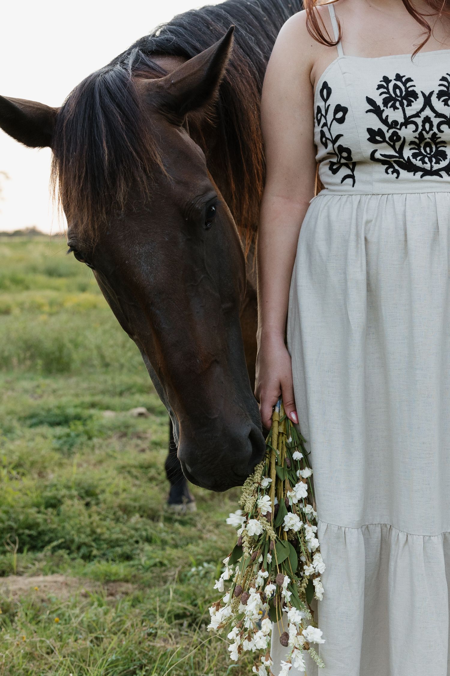 Brown horse sniffing a bouquet of white wildflowers held by a woman in a white embroidered dress outdoors.