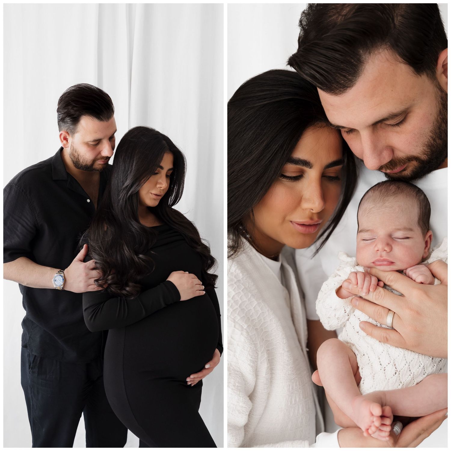 Side-by-side maternity and newborn photos showing a couple's journey from pregnancy to parenthood.