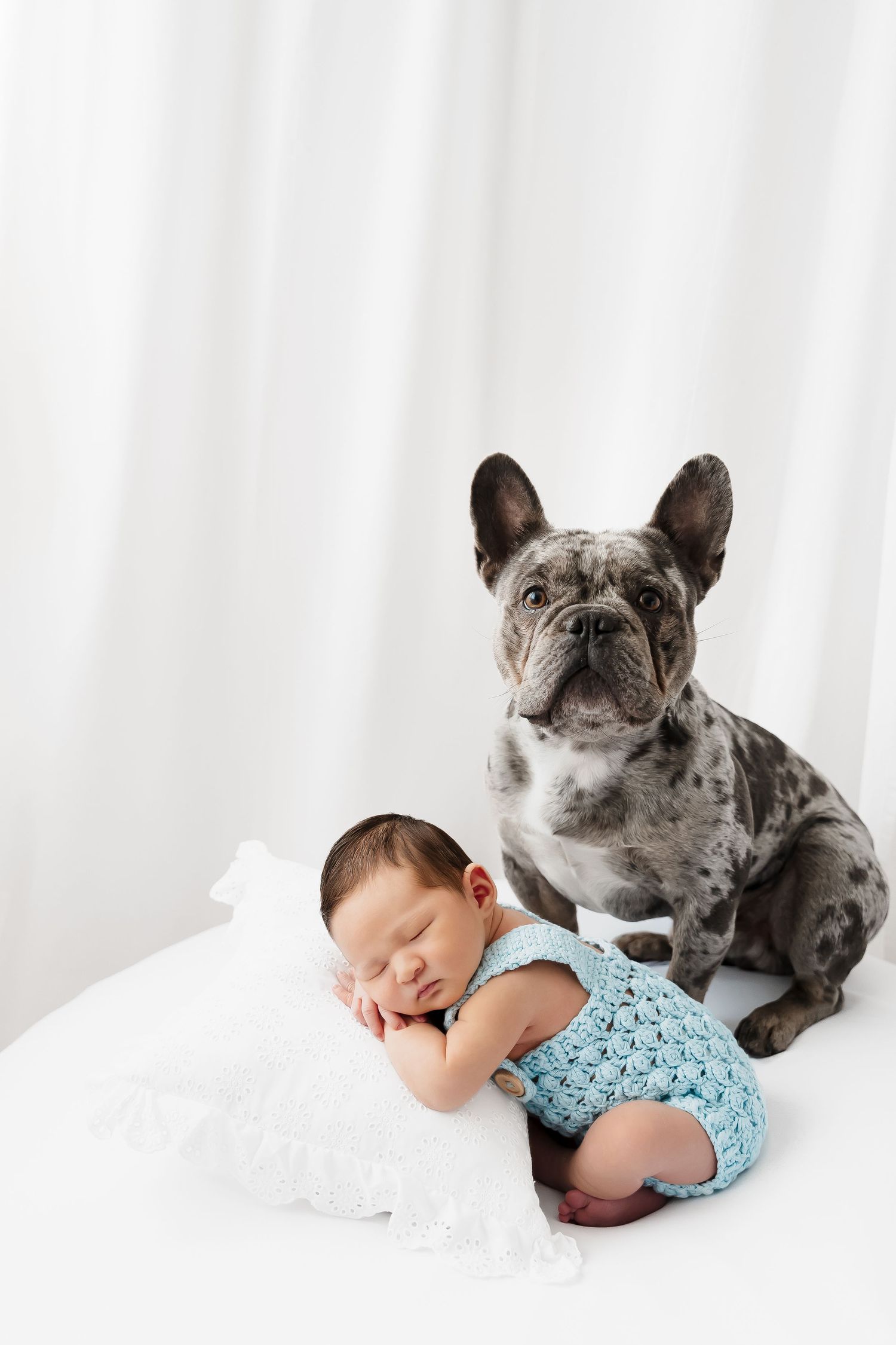French bulldog watching over sleeping newborn baby in blue romper.