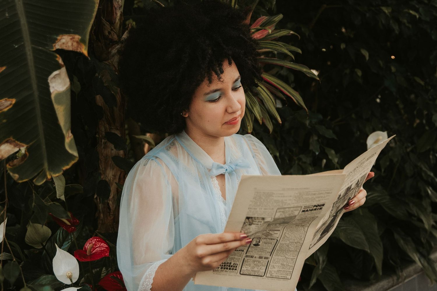 Vintage-style scene of someone reading a newspaper in a garden setting.