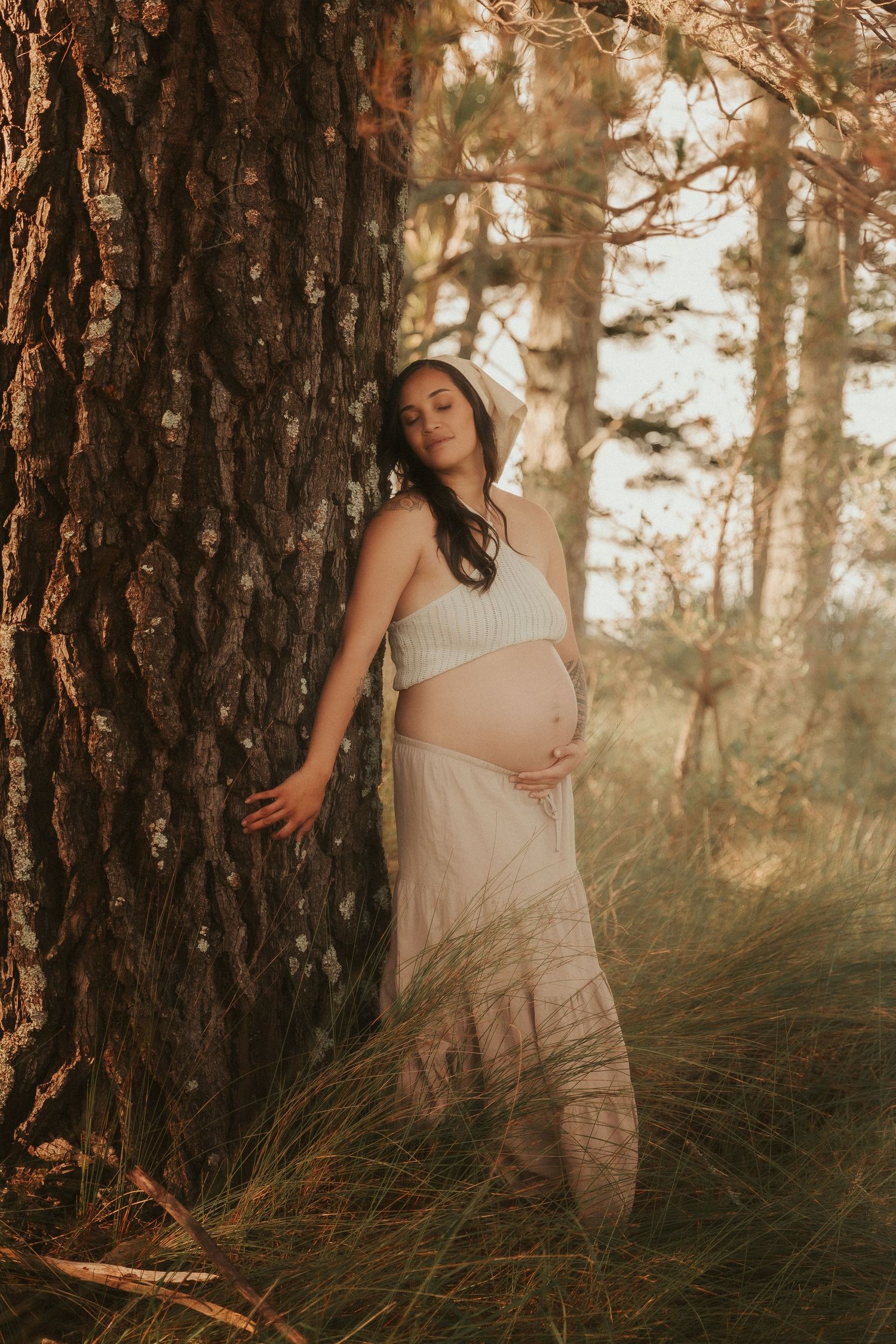 Dreamy forest portrait among pine trees with golden sunlight filtering through.