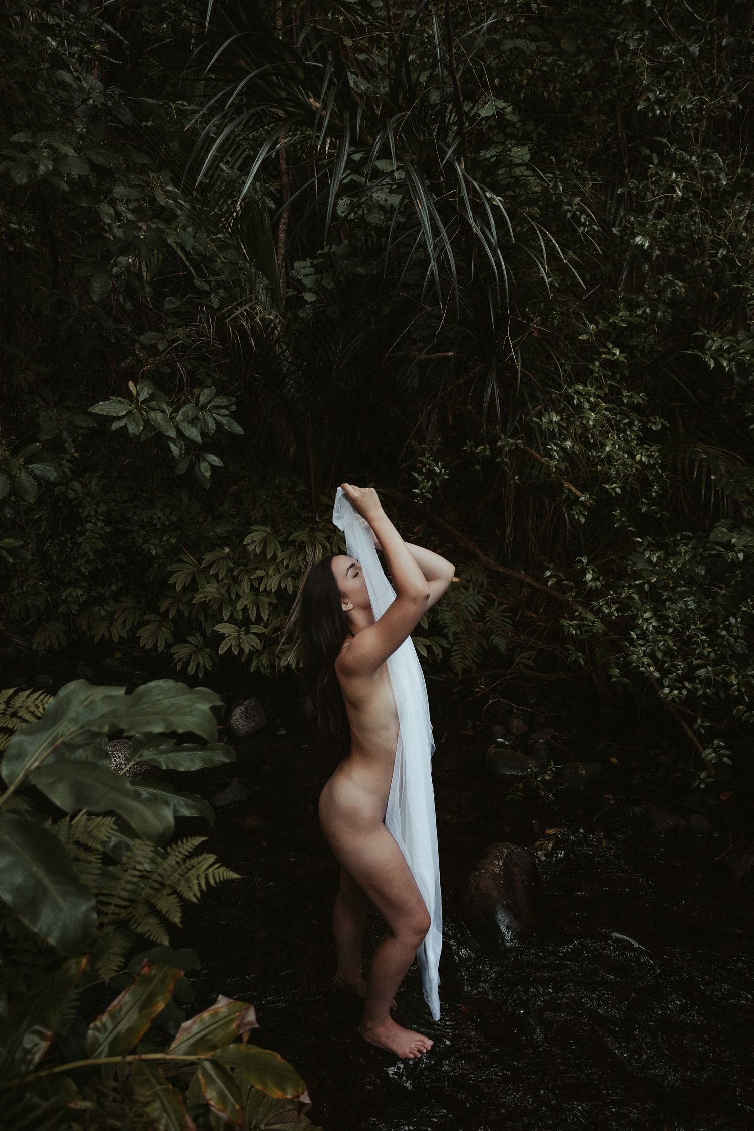 Artistic silhouette with white fabric against dark forest backdrop.