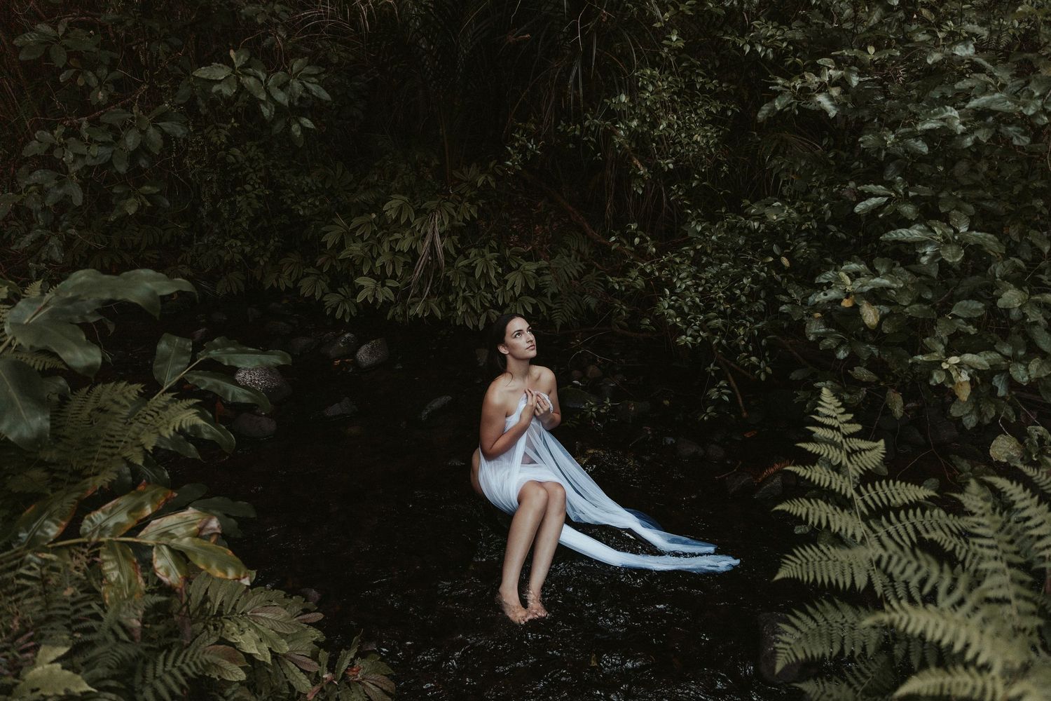Artistic portrait series in dark moody forest setting with ethereal lighting.