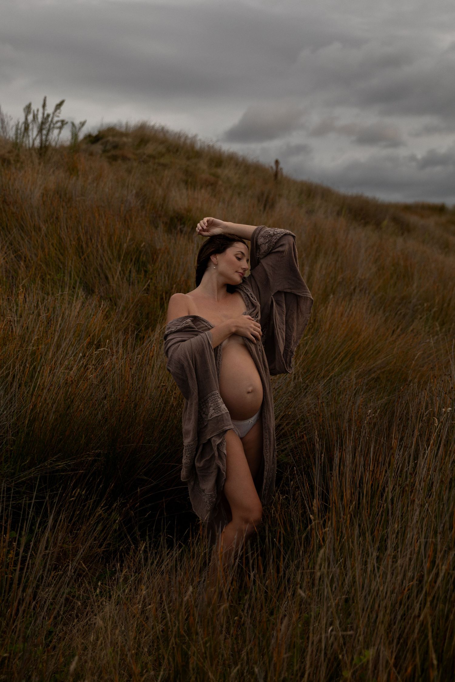 Moody maternity portrait in brown dress against wild grass at dusk.