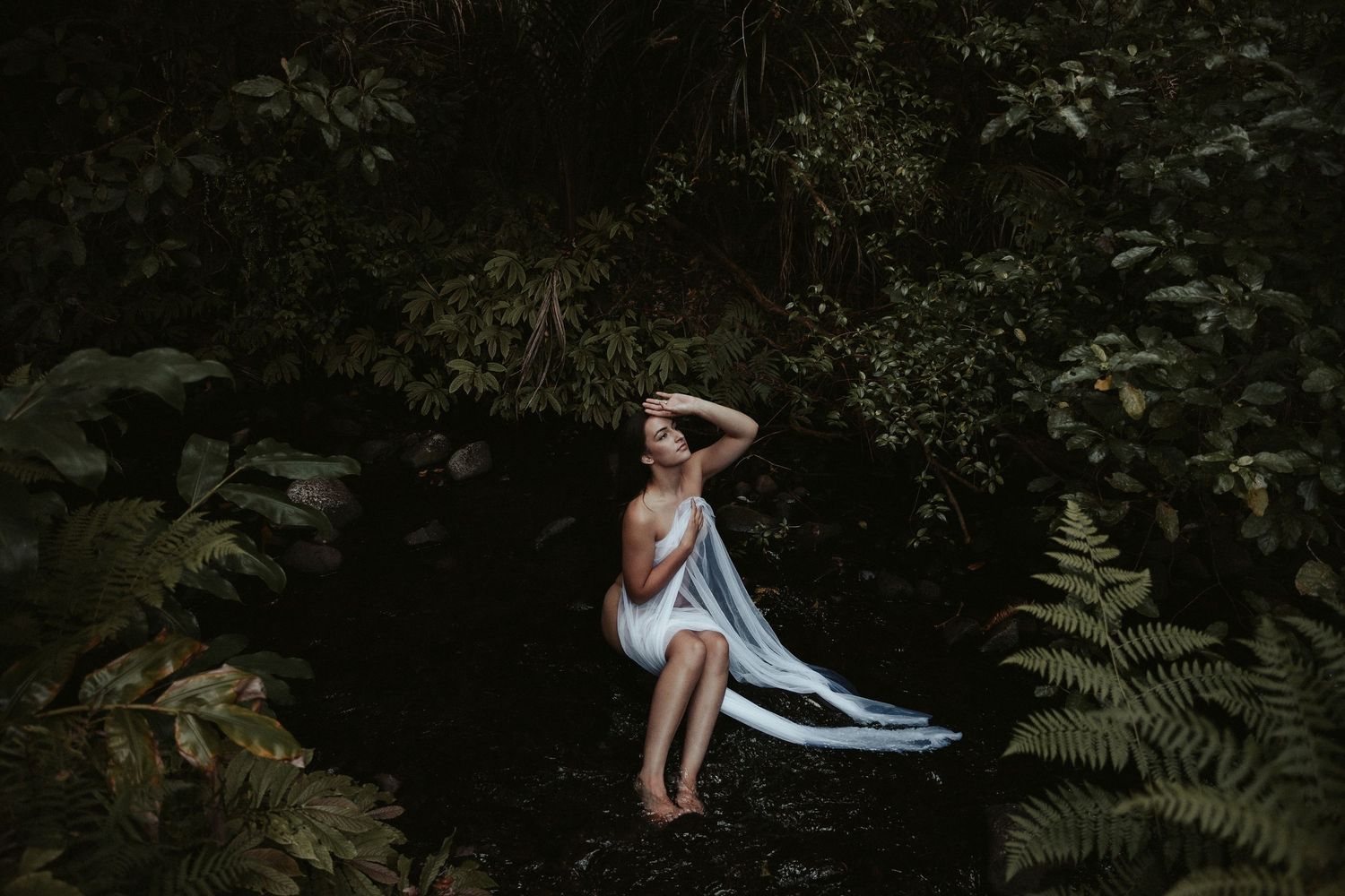 Dark moody portraits in a lush garden setting with dramatic lighting and greenery.
