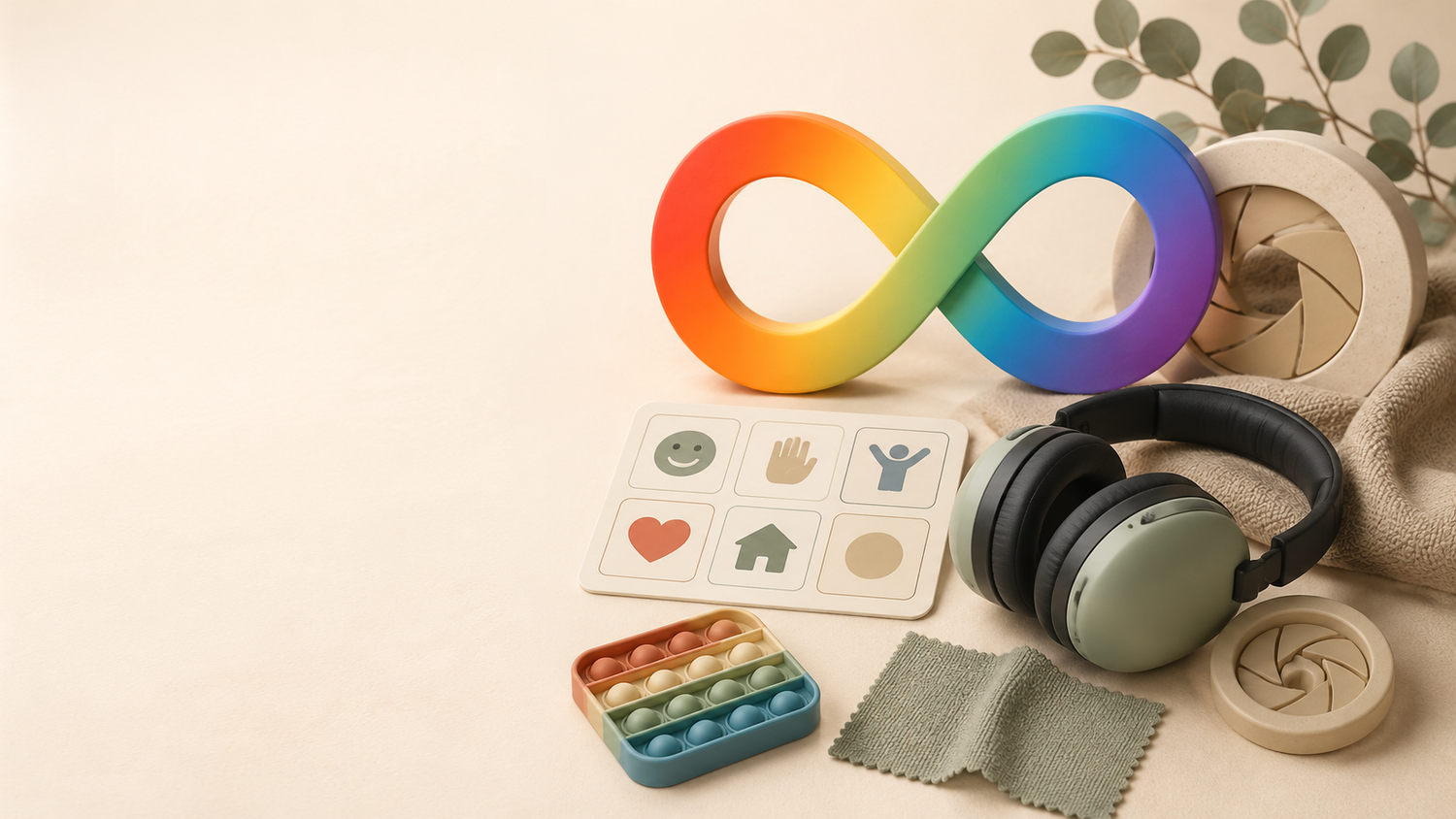 Rainbow infinity symbol with headphones, fidget toy, and sensory items representing neurodiversity and autism acceptance.