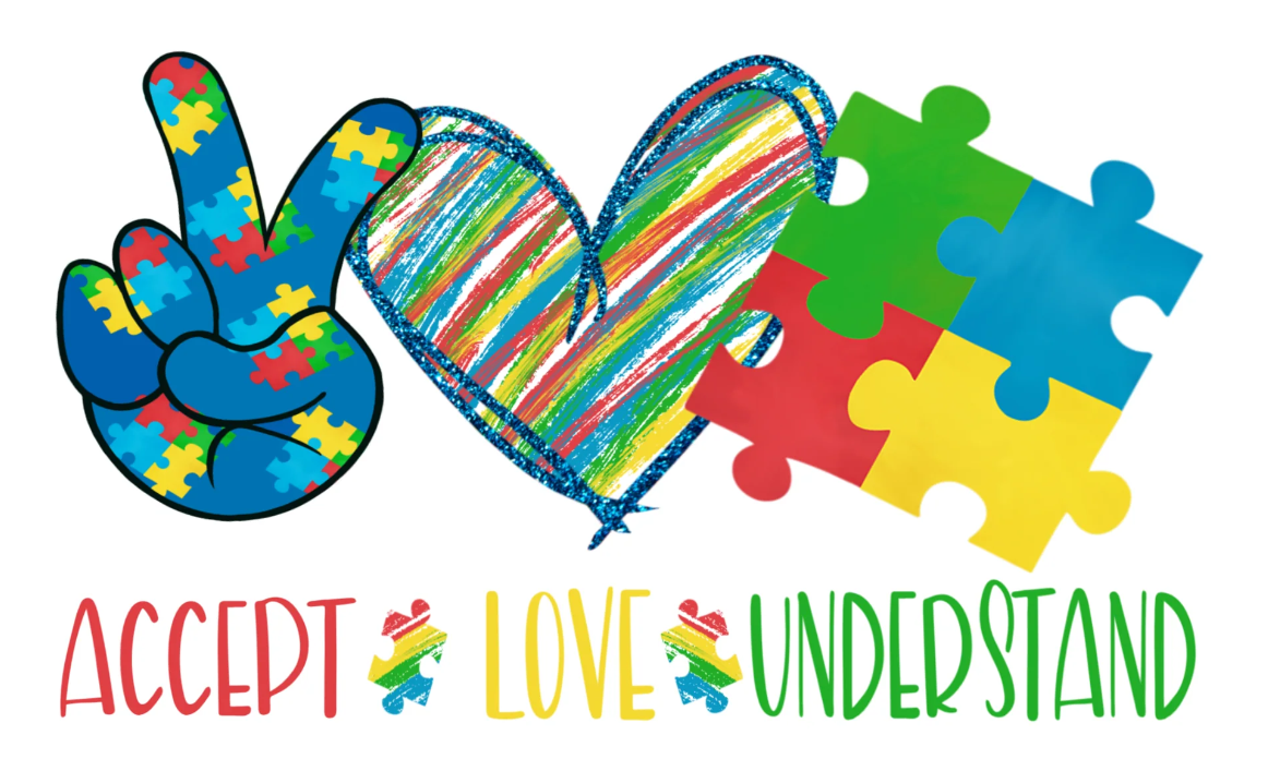 Colorful puzzle pieces with text reading Accept Love Understand create a banner promoting autism awareness.