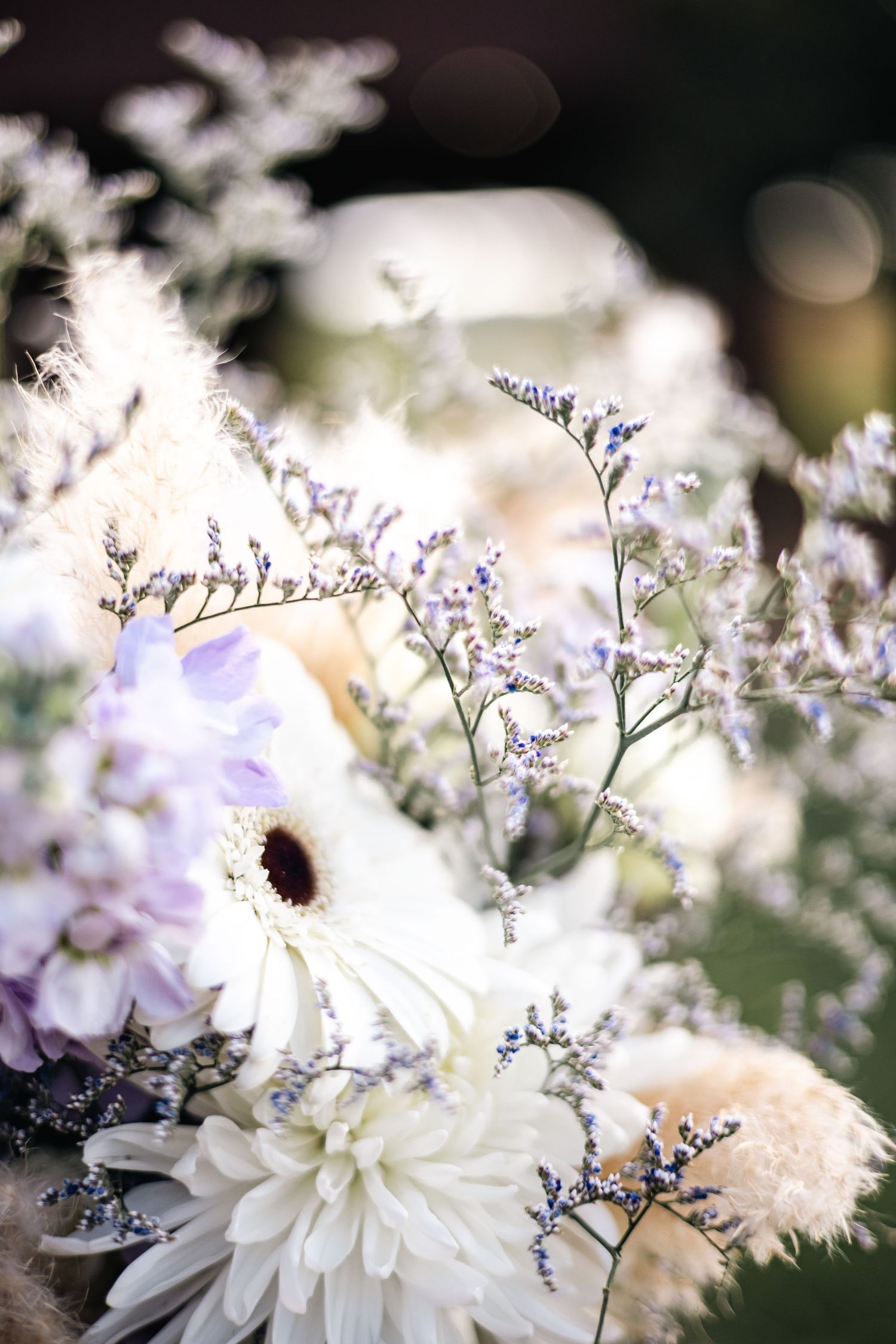 Delicate white chrysanthemum flowers and small purple blooms create an ethereal garden arrangement with soft bokeh effect.