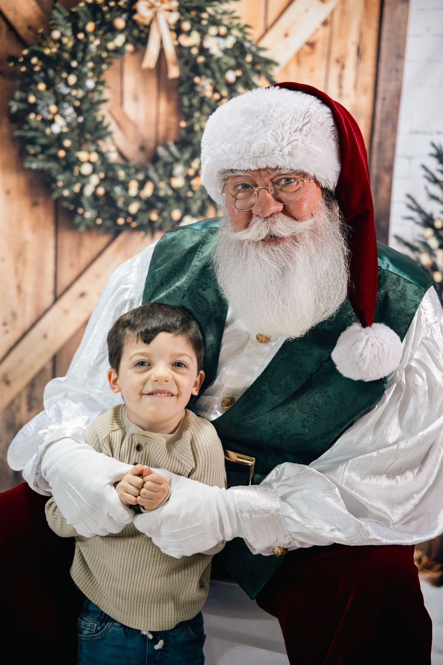 Festive holiday photo collage showing joyful moments with Santa Claus in traditional red and white attire against evergreen decor.