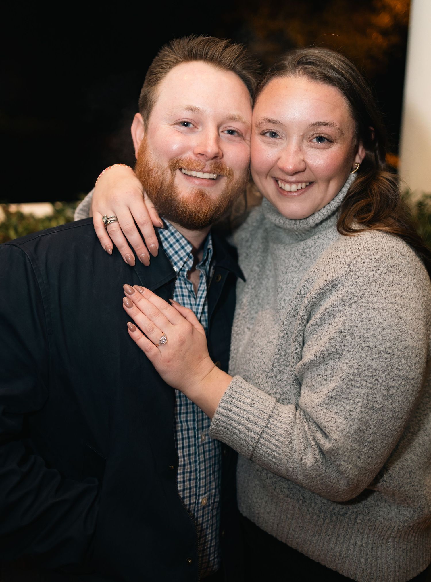 A couple shares a joyful moment together in a sequence of candid engagement photos showing genuine laughter and affection.