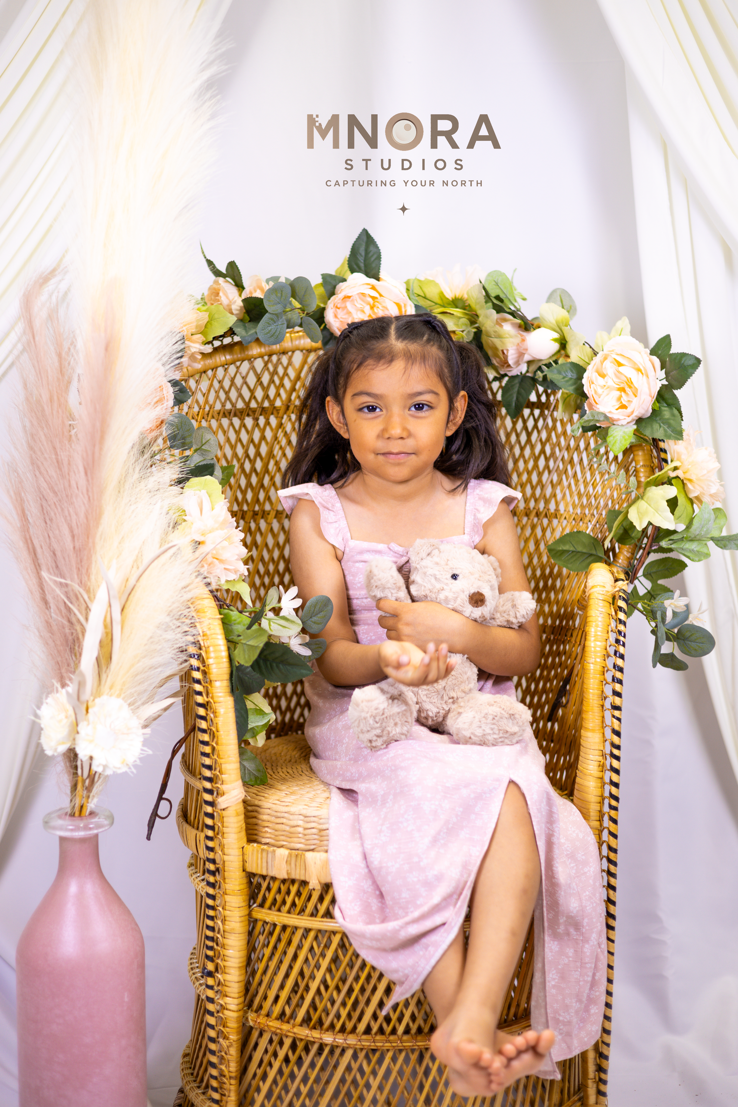 Child portrait in pink dress during styled studio photography session